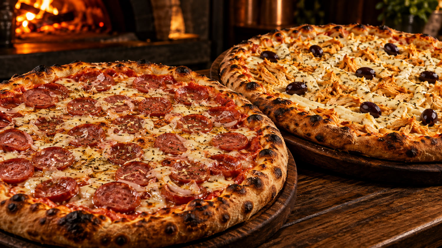 Pizzas artesanais com queijo e ingredientes frescos